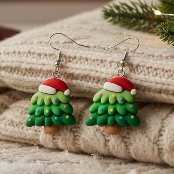 Festive Christmas Tree Earrings 🎄 Resin 18K White Gold Plated Ear Needles 🎅 - Picture 11 of 11